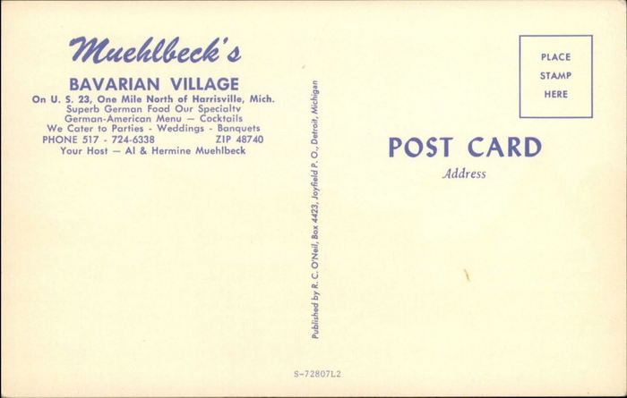 Alcona Brew Haus (Muehlbecks Bavarian Village) - Old Postcard Back (newer photo)